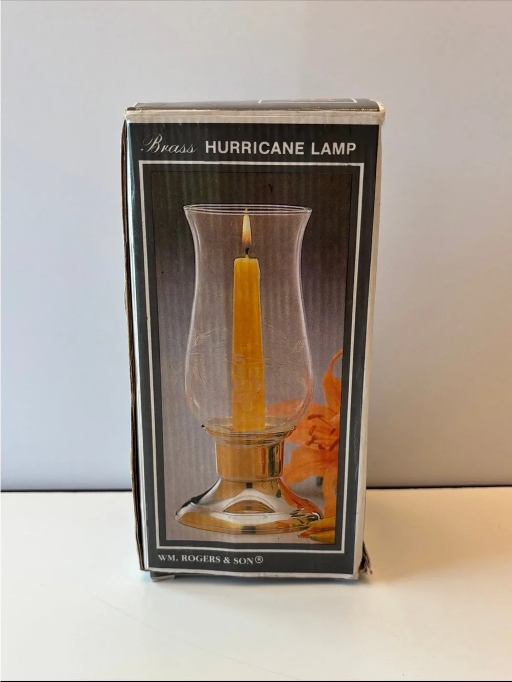 Vintage WM. Rogers & Son Solid Brass Hurricane Lamp with box. 7 1/2 inches